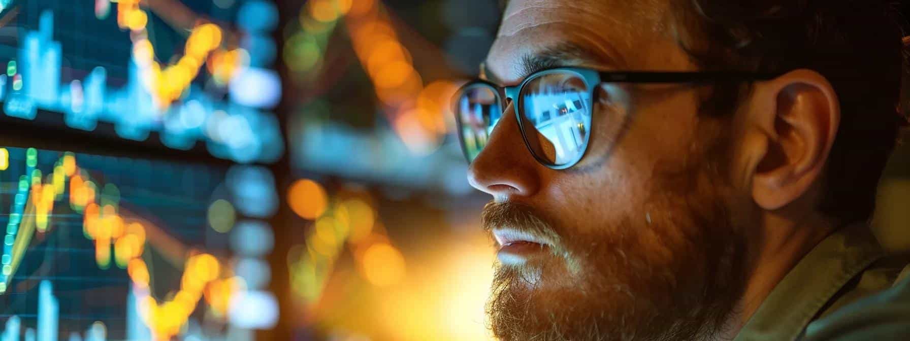 a captivating close-up of a stock market analyst intensely studying a digital financial dashboard, illuminated by the glow of multiple screens displaying vibrant charts and economic indicators. a captivating close-up of a stock market analyst intensely studying a digital financial dashboard, illuminated by the glow of multiple screens displaying vibrant charts and economic indicators.