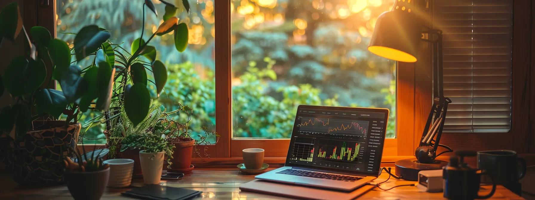 a dynamic and engaging scene depicting a serene workspace with an open laptop displaying financial graphs and statements, illuminated by soft natural light filtering through a nearby window, symbolizing the journey of fundamental analysis in smart investing.