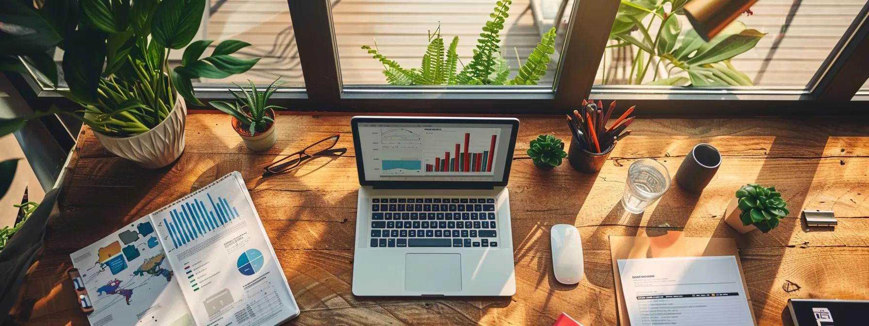 a dynamic overhead view of a sleek, modern workspace with a laptop displaying colorful financial graphs and metrics, surrounded by insightful investment analysis materials and a notepad, illuminated by soft natural light streaming through a large window.
