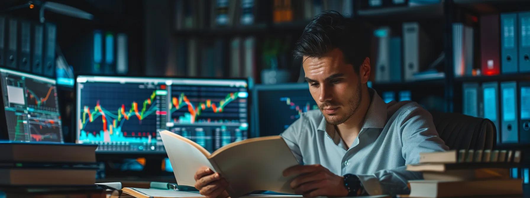 a focused investor surrounded by dynamic financial charts, glowing screens displaying market data, and a stack of insightful books, all illuminated by soft office lighting that highlights a sense of determination and clarity in smart decision-making.