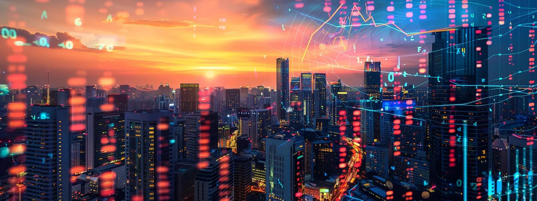 a futuristic city skyline at sunset, illuminated by digital screens showcasing dynamic stock market data and ai-driven alerts, symbolizing the integration of technology in modern investing. a futuristic city skyline at sunset, illuminated by digital screens showcasing dynamic stock market data and ai-driven alerts, symbolizing the integration of technology in modern investing.