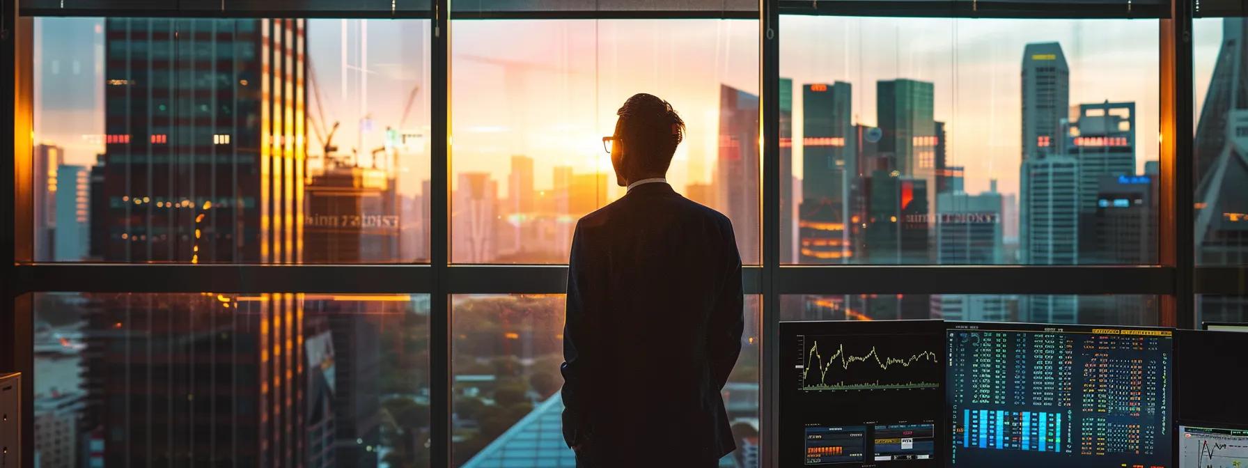 a powerful financial analyst stands confidently in a modern office overlooking a bustling city skyline, with multiple screens displaying dynamic stock charts and economic data, bathed in the warm glow of afternoon sunlight filtering through large windows.
