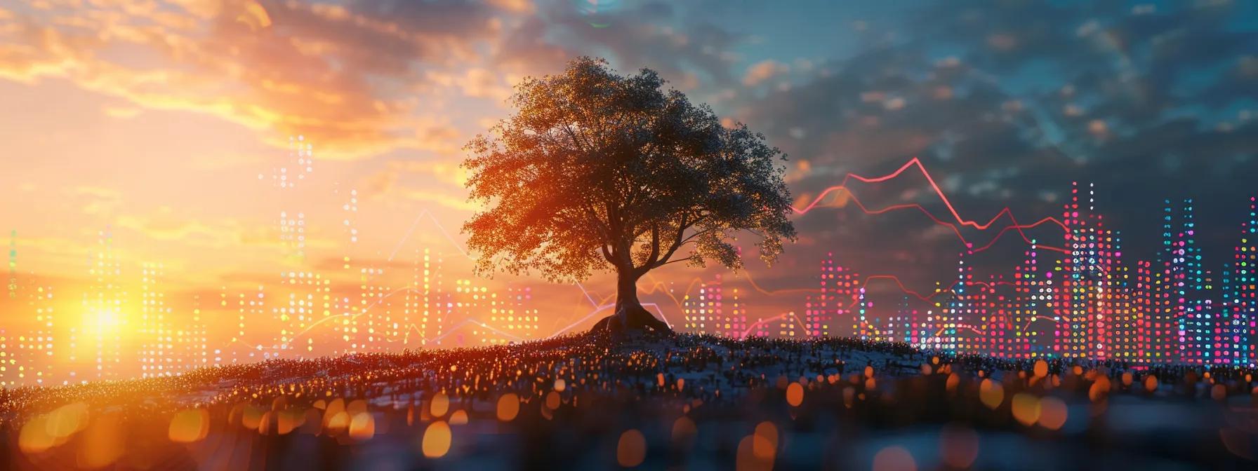 a serene landscape depicting a sturdy tree standing in a vibrant stock market chart background, symbolizing the stability and resilience of long-term investments amidst fluctuating economic waves, captured at golden hour for warm, inviting lighting. a serene landscape depicting a sturdy tree standing in a vibrant stock market chart background, symbolizing the stability and resilience of long-term investments amidst fluctuating economic waves, captured at golden hour for warm, inviting lighting.