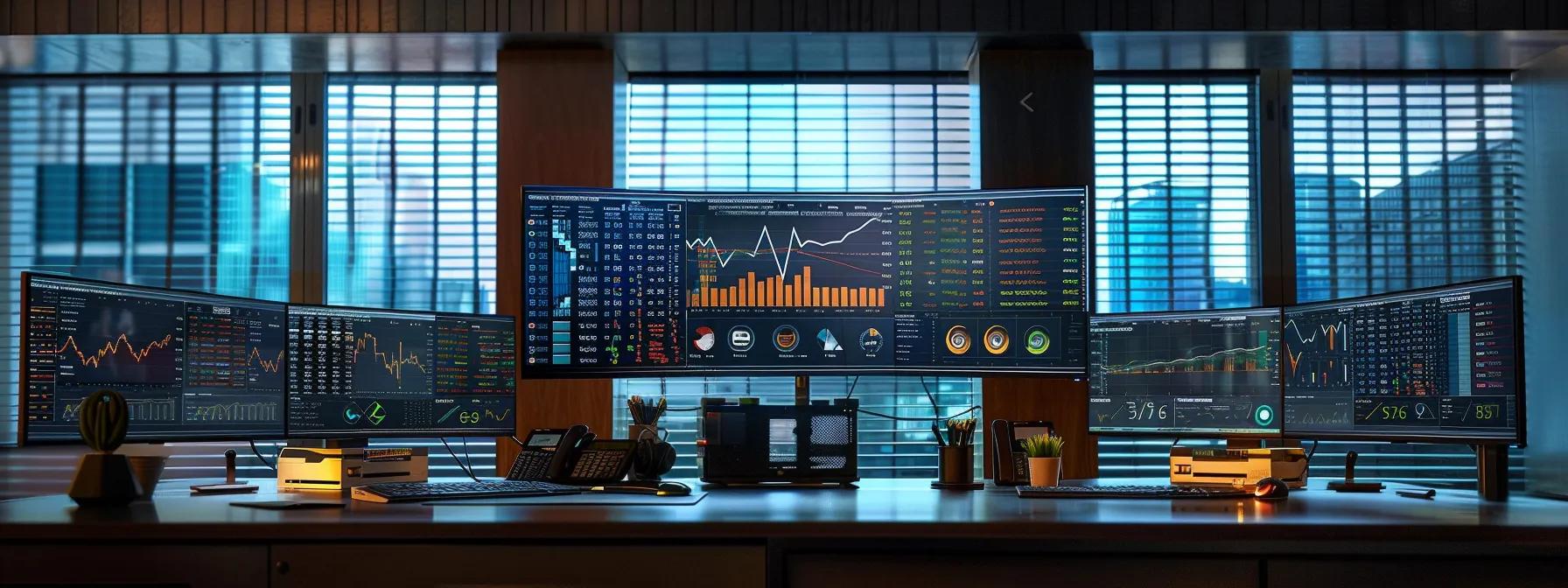 a sleek, illuminated workspace featuring multiple high-resolution monitors displaying dynamic graphs and charts, symbolizing the cutting-edge tools and resources for conducting fundamental financial analysis. a sleek, illuminated workspace featuring multiple high-resolution monitors displaying dynamic graphs and charts, symbolizing the cutting-edge tools and resources for conducting fundamental financial analysis.