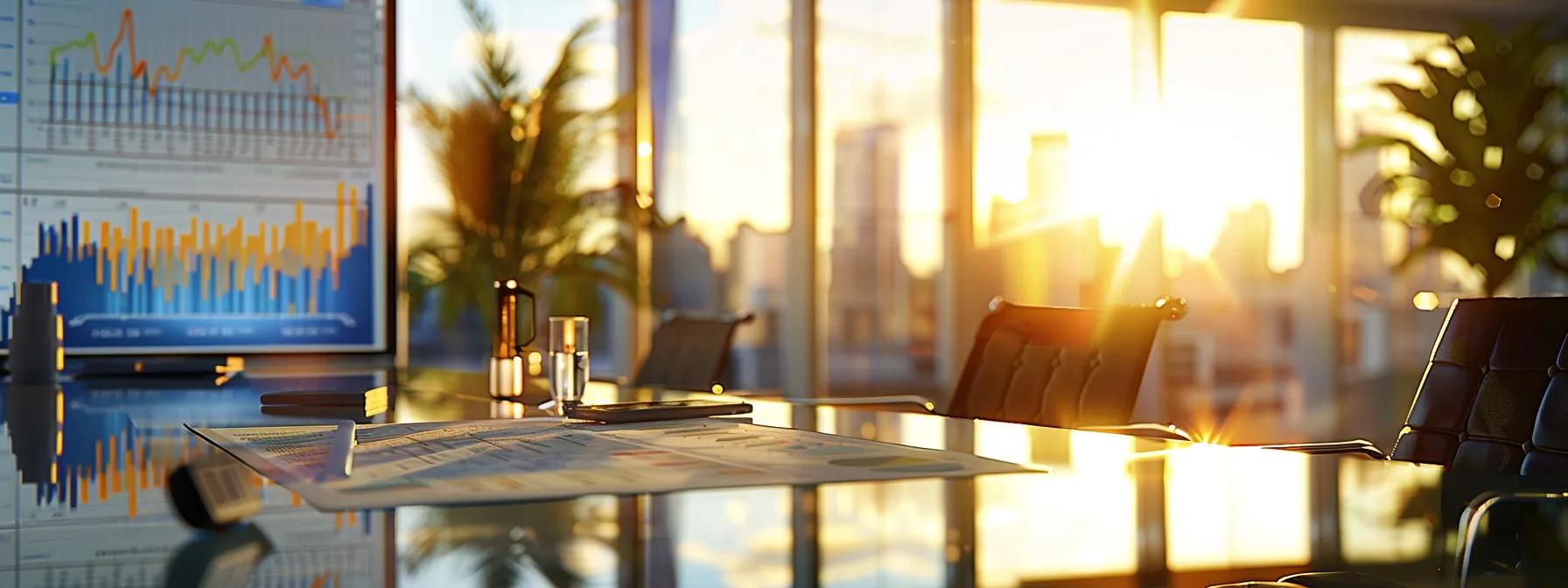 a sleek, modern office environment features a large glass table with open financial reports, charts, and graphs illuminated by natural sunlight filtering through expansive windows, reflecting the analytical essence of fundamental stock evaluation. a sleek, modern office environment features a large glass table with open financial reports, charts, and graphs illuminated by natural sunlight filtering through expansive windows, reflecting the analytical essence of fundamental stock evaluation.