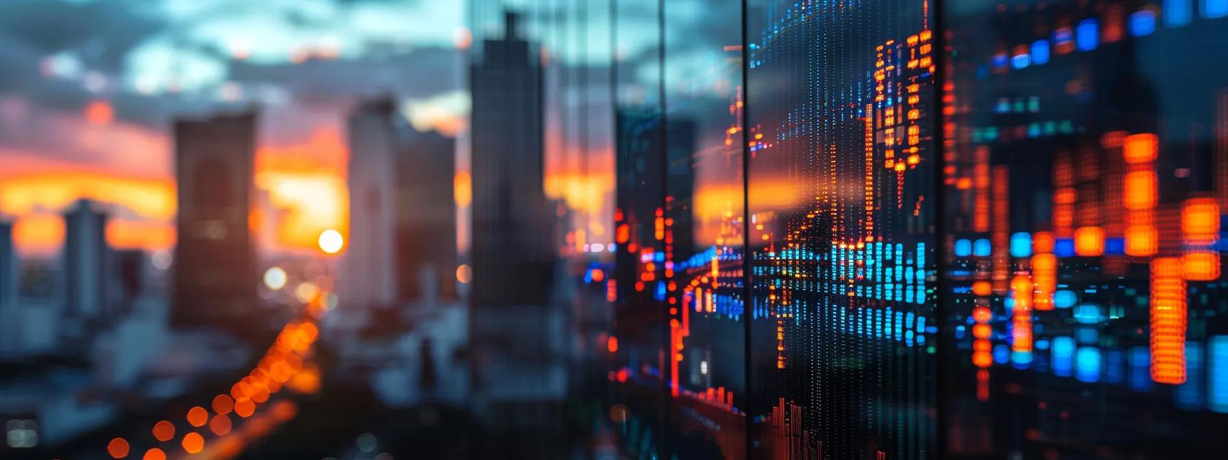 a striking close-up of a glowing stock market chart, dynamically illustrating rising trends and key financial indicators against a backdrop of an urban skyline at dusk, symbolizing the impact of fundamental analysis on investment decisions. a striking close-up of a glowing stock market chart, dynamically illustrating rising trends and key financial indicators against a backdrop of an urban skyline at dusk, symbolizing the impact of fundamental analysis on investment decisions.