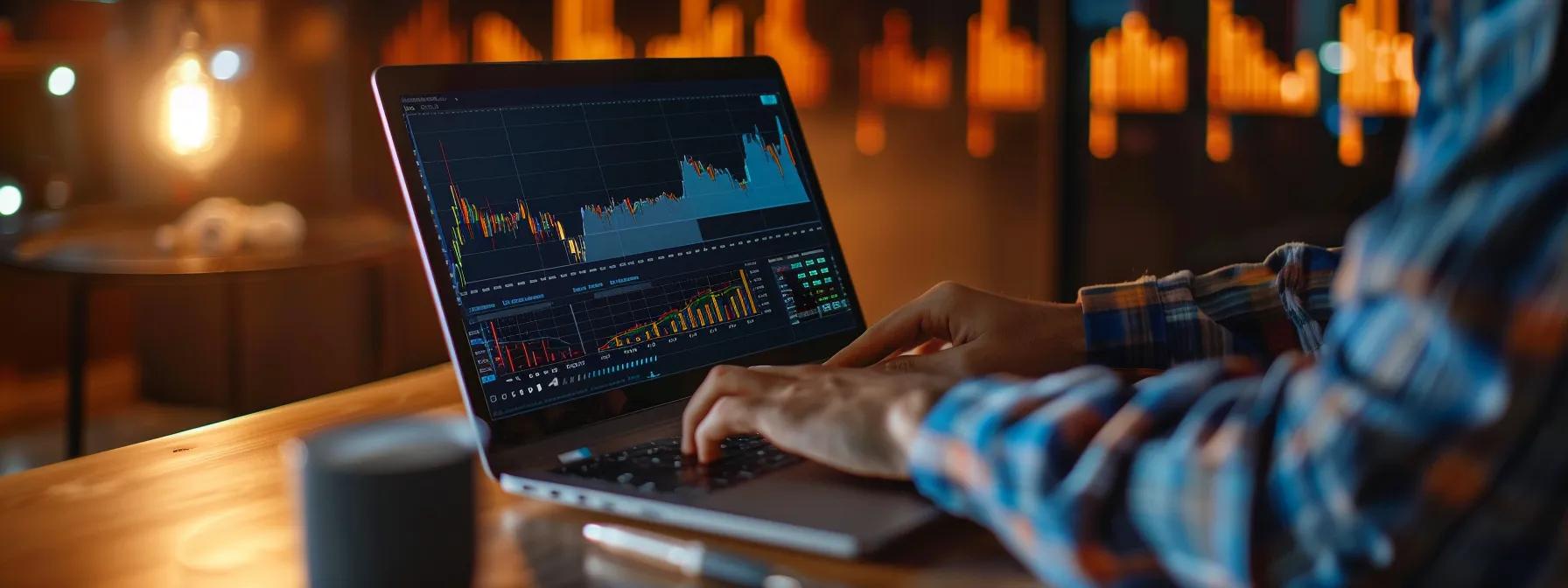 a visionary investor studies dynamic market trends displayed on a sleek laptop, illuminated by soft, focused lighting, surrounded by charts and graphs that vividly represent industry and sector performance.