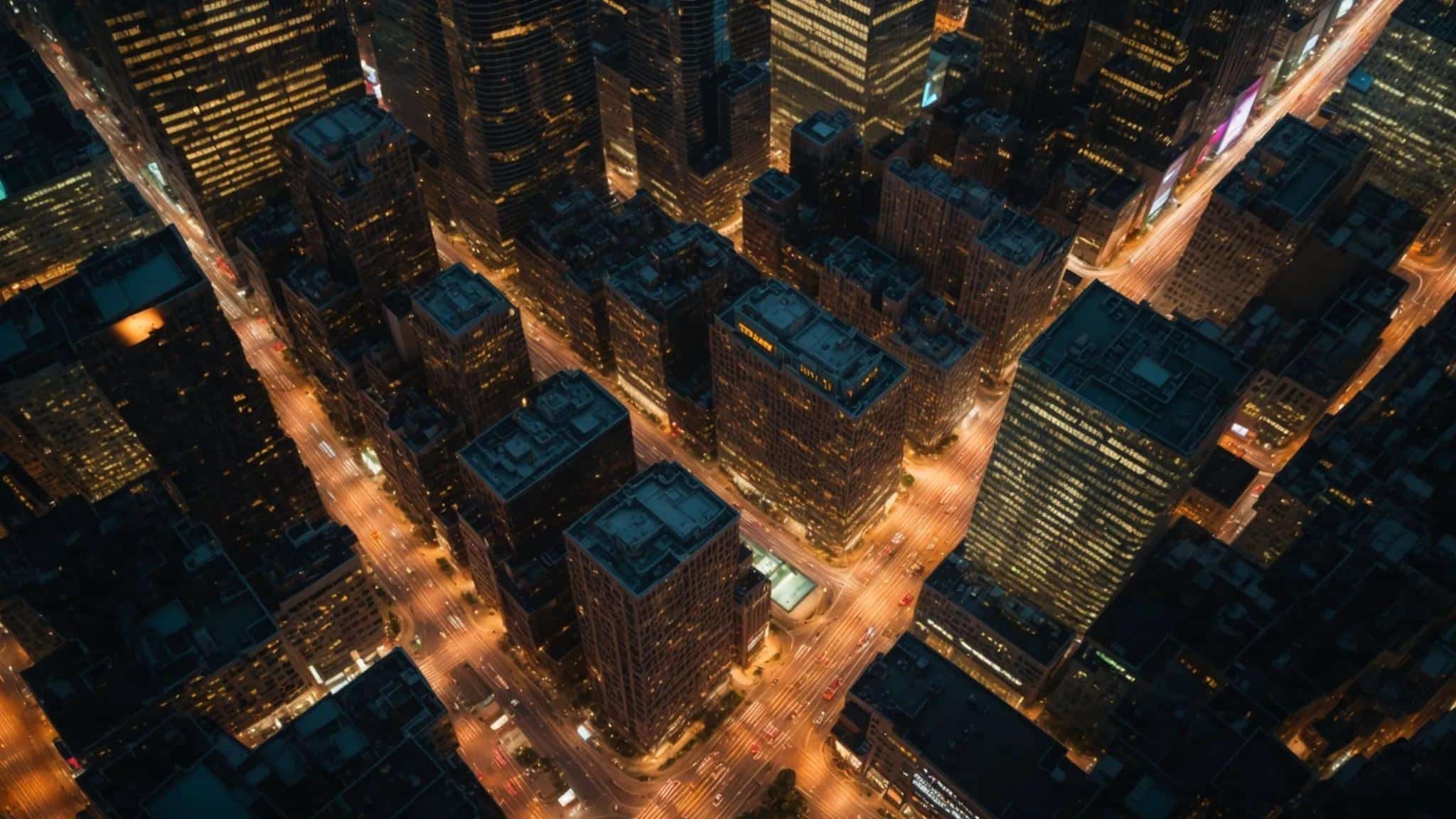 a dramatic overhead shot of a bustling financial district at dusk, showcasing skyscrapers illuminated with vibrant lights, symbolizing the dynamic intersection of economic moats and fundamental analysis in a thriving investment landscape. a dramatic overhead shot of a bustling financial district at dusk, showcasing skyscrapers illuminated with vibrant lights, symbolizing the dynamic intersection of economic moats and fundamental analysis in a thriving investment landscape.