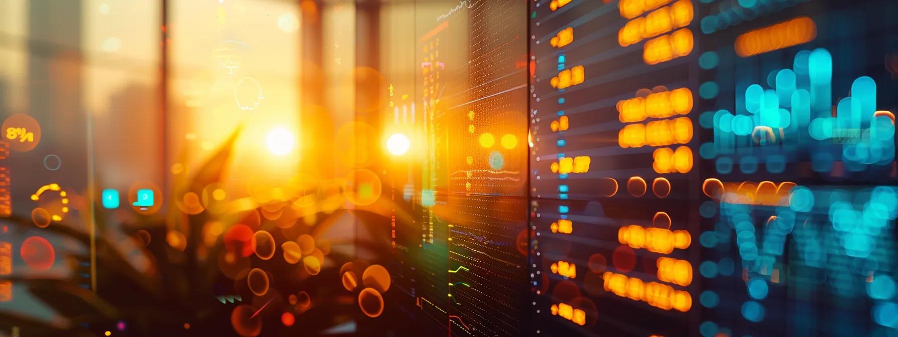 a dynamic scene capturing a glowing digital stock market dashboard filled with colorful stock alerts and charts, illuminated by the warm light of a sunrise filtering through a nearby window. a dynamic scene capturing a glowing digital stock market dashboard filled with colorful stock alerts and charts, illuminated by the warm light of a sunrise filtering through a nearby window.