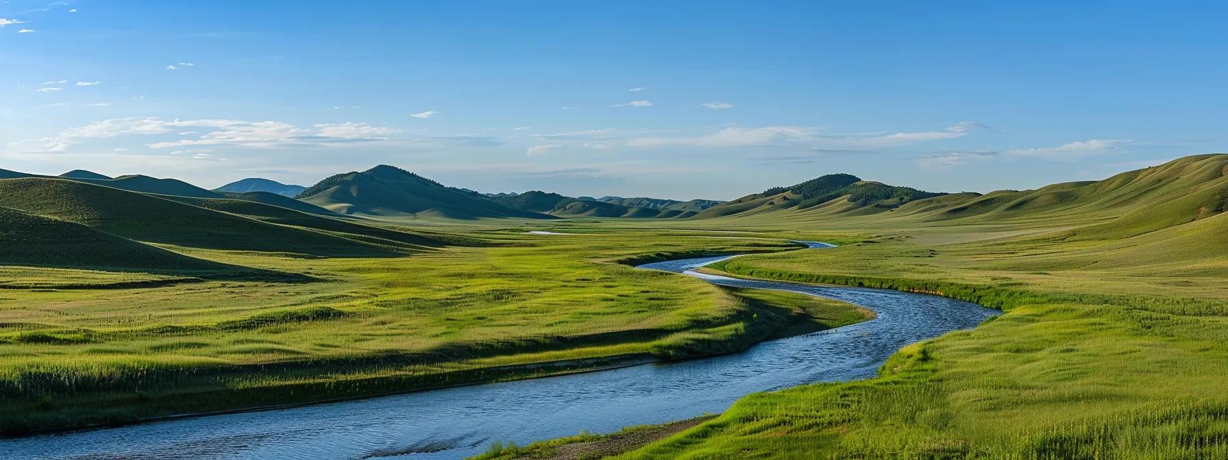 a serene, expansive landscape features a crystal-clear river winding through lush green hills under a bright blue sky, symbolizing the steady flow of long-term investment growth and the strategic balance of nature and finance.