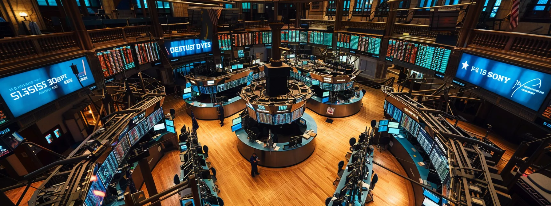 a bustling trading desk illuminated by the glow of multiple screens, showcasing real-time stock data and vibrant sms alerts, captures the intense focus of traders making swift decisions amidst a fast-paced market environment.