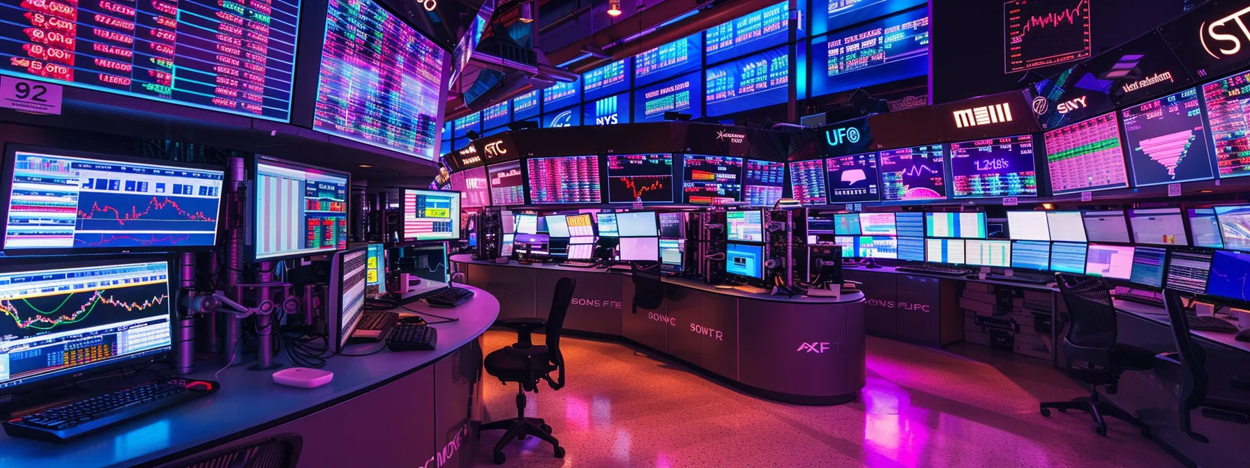a bustling trading room filled with vibrant screens displaying fluctuating stock prices, illuminated by dramatic, colorful lighting that highlights the tension of traders navigating the chaos of real-time stock alerts.
