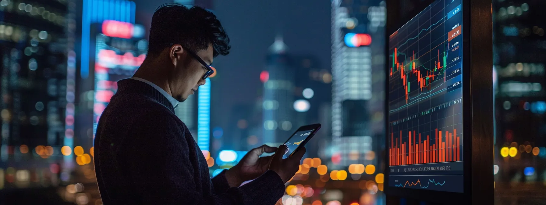 a confident trader analyzes real-time stock data on a sleek mobile device, with customizable alerts and dynamic analytics displayed on the screen, set against a vibrant city skyline at dusk, illuminated by shimmering lights.