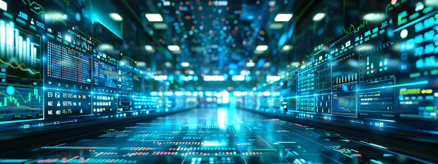 a dynamic and futuristic trading room filled with glowing screens displaying stock market data and alert notifications, illuminated by vibrant blue and green led lighting, capturing the essence of technology-driven investment strategies.