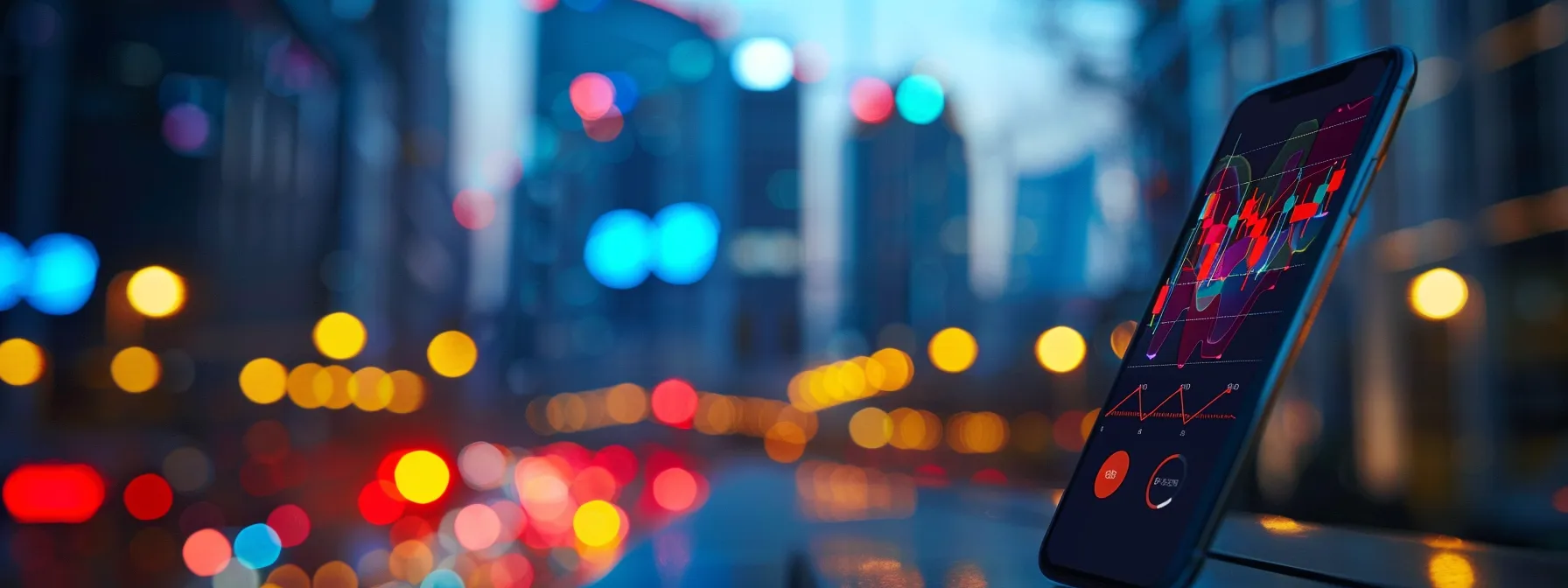 a dynamic close-up of a smartphone screen displaying vibrant stock market graphs and alerts, set against a blurred backdrop of an urban skyline at dusk, symbolizing the hustle of strategic trading and investment. a dynamic close-up of a smartphone screen displaying vibrant stock market graphs and alerts, set against a blurred backdrop of an urban skyline at dusk, symbolizing the hustle of strategic trading and investment.