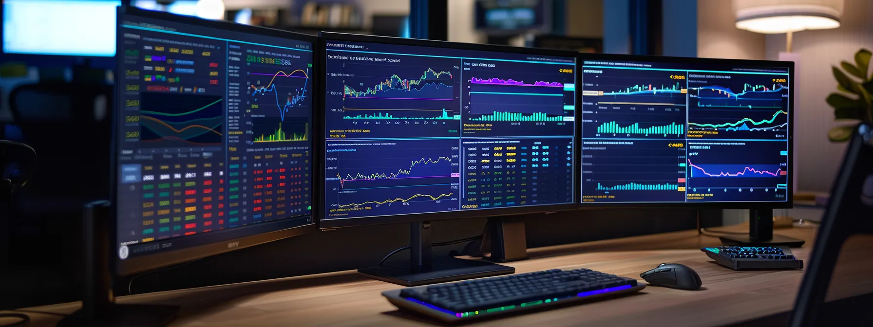a dynamic financial dashboard illuminates the screens with vibrant graphs and alerts, symbolizing strategic investment opportunities amidst market volatility and risk management.