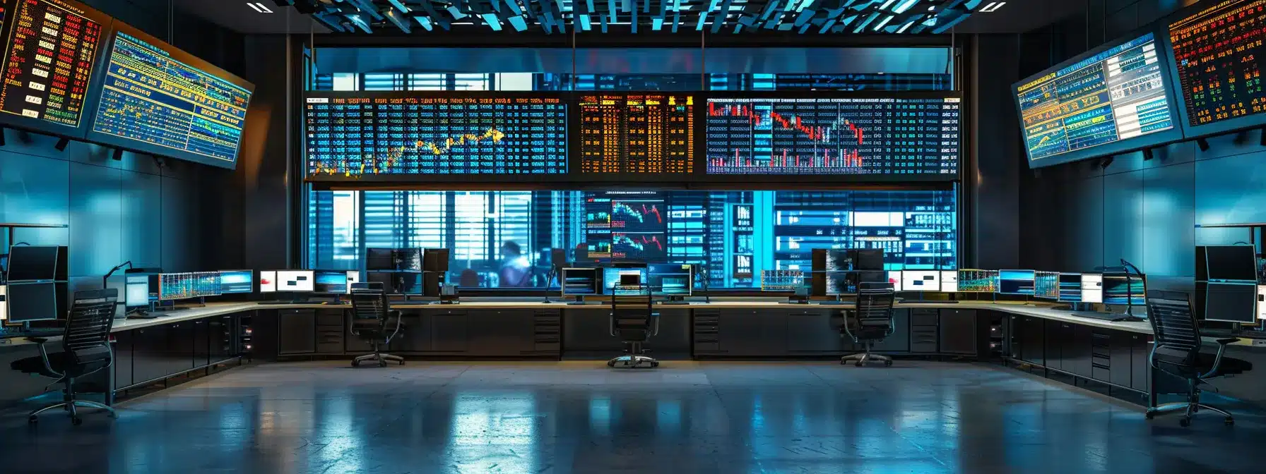 a dynamic, high-contrast scene captures a sleek trading desk illuminated by bright screens displaying real-time stock market alerts, reflecting the urgency and excitement of informed trading decisions in a fast-paced financial environment.