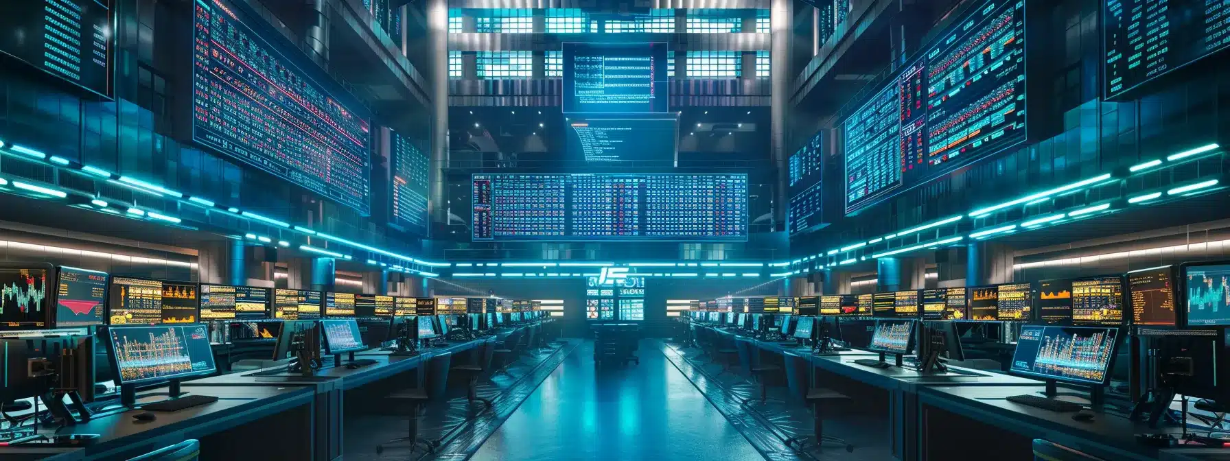 a dynamic, high-tech trading room filled with glowing screens displaying real-time stock market data, capturing the urgency and excitement of investment strategies in action.