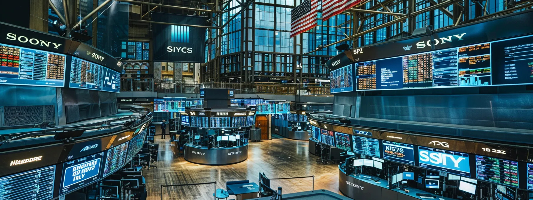 a dynamic, high-contrast scene captures a bustling trading floor, where vibrant screens flash stock alerts and traders, focused and engaged, analyze real-time data amidst an atmosphere of electric anticipation.