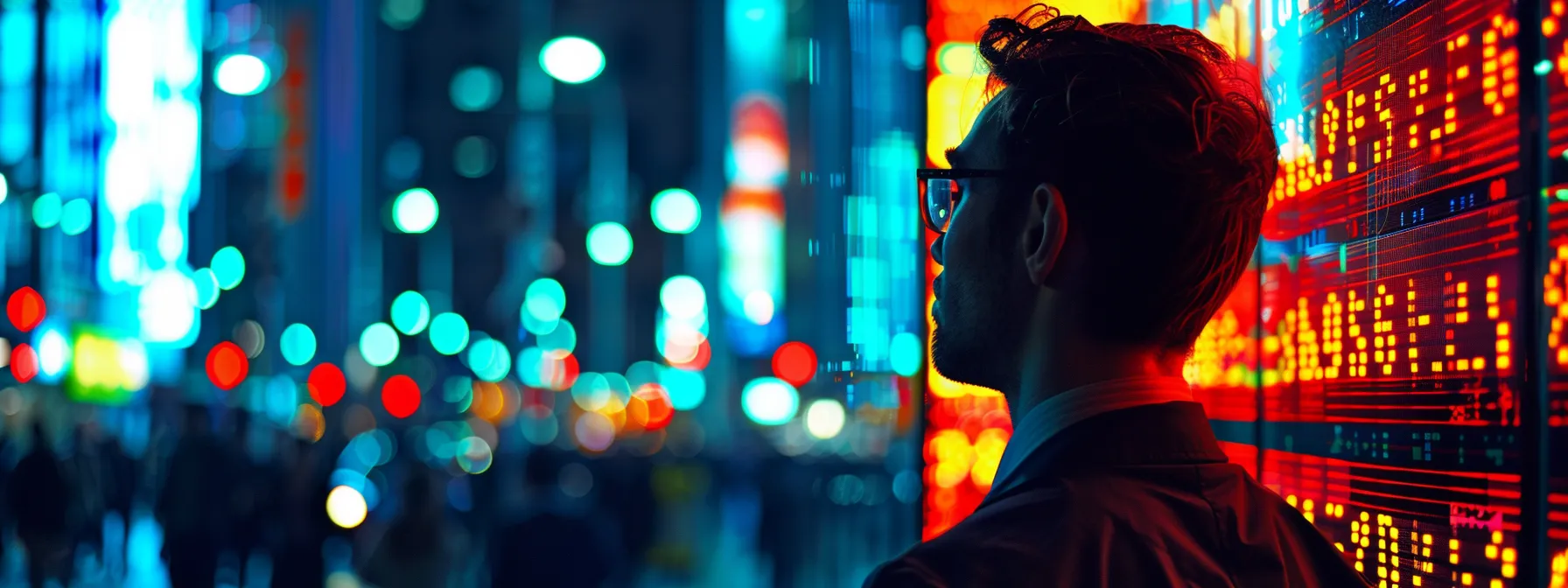 a dynamic scene captures a stock trader intently watching a glowing monitor displaying vibrant, fluctuating graphs and real-time alerts, with a backdrop of bustling city lights symbolizing the fast-paced world of financial markets. a dynamic scene captures a stock trader intently watching a glowing monitor displaying vibrant, fluctuating graphs and real-time alerts, with a backdrop of bustling city lights symbolizing the fast-paced world of financial markets.