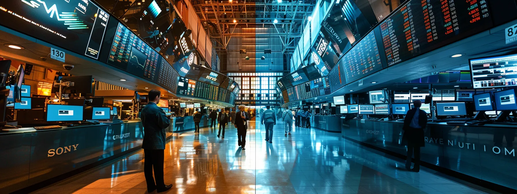 a dynamic split-screen view captures an intense stock market trading floor on one side and a focused trader receiving real-time alerts on the other, illuminated by vibrant digital screens reflecting fluctuating market trends in a high-energy atmosphere.