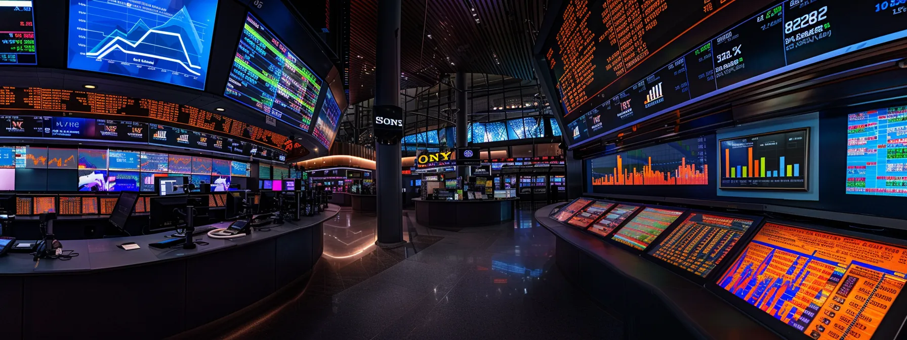 a dynamic stock market display with vibrant charts and graphs illuminated on multiple screens, showcasing real-time data and alerts in a modern trading environment filled with technology and anticipation.