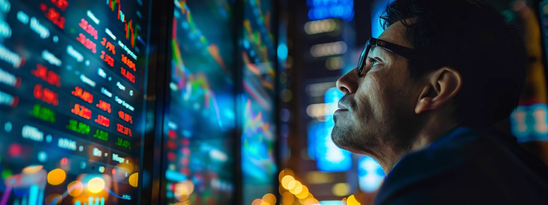 a dynamic stock market scene captures an active investor's focused expression as colorful price, volume, and news alerts flash across multiple screens, bathed in the glow of market data, emphasizing the urgency and excitement of trading.