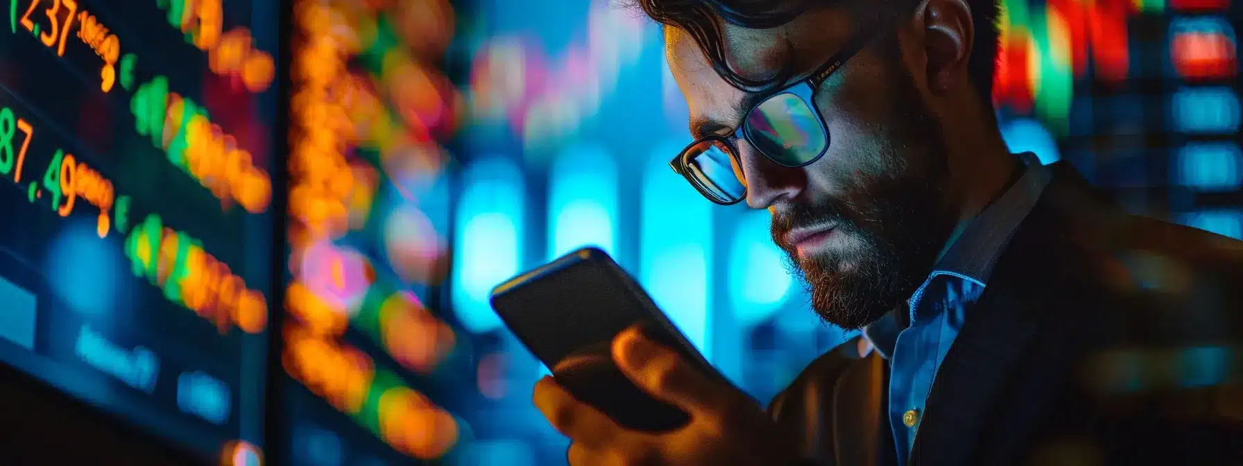 a dynamic trader, illuminated by the glow of a smartphone, intently analyzes real-time market alerts against a backdrop of fluctuating stock charts, capturing the essence of informed decision-making in a fast-paced financial landscape. a dynamic trader, illuminated by the glow of a smartphone, intently analyzes real-time market alerts against a backdrop of fluctuating stock charts, capturing the essence of informed decision-making in a fast-paced financial landscape.
