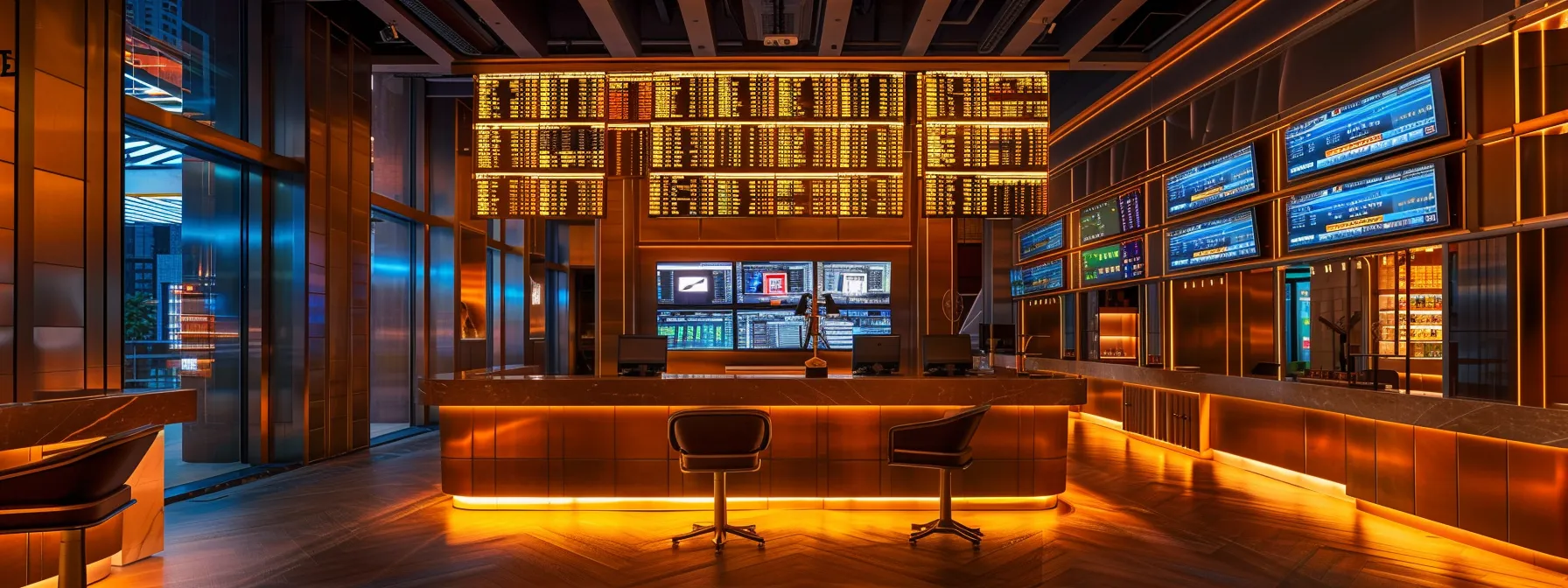 a dynamic trading desk illuminated by soft ambient lighting, featuring multiple screens displaying fluctuating stock charts and real-time alerts, creating an atmosphere of focused investment strategy.