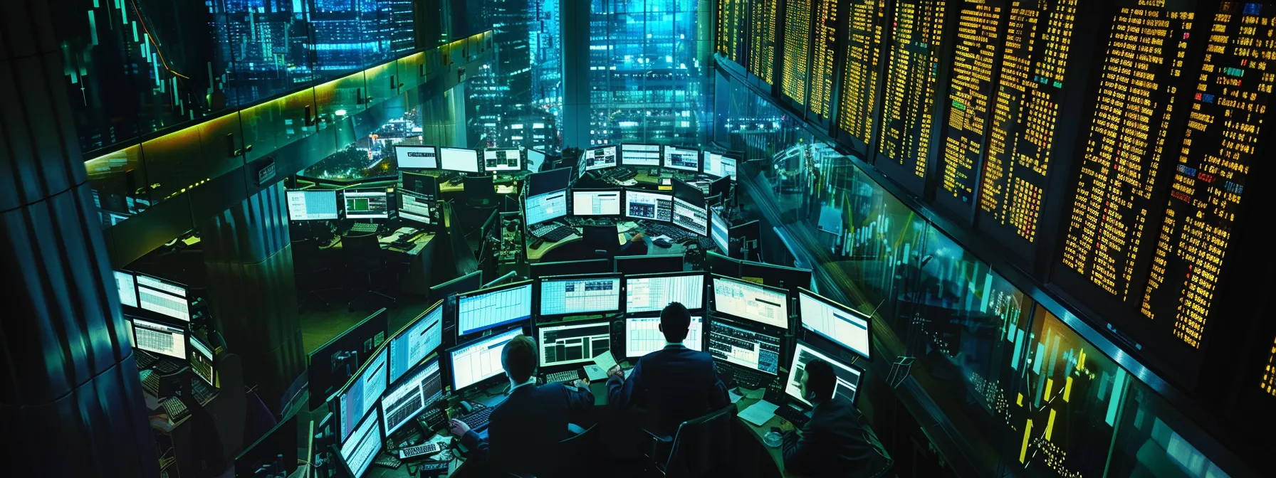 a dynamic trading desk, illuminated by the glow of multiple screens displaying real-time stock alerts, captures the intensity of a day trader immersed in strategic decision-making amidst a flurry of information. a dynamic trading desk, illuminated by the glow of multiple screens displaying real-time stock alerts, captures the intensity of a day trader immersed in strategic decision-making amidst a flurry of information.