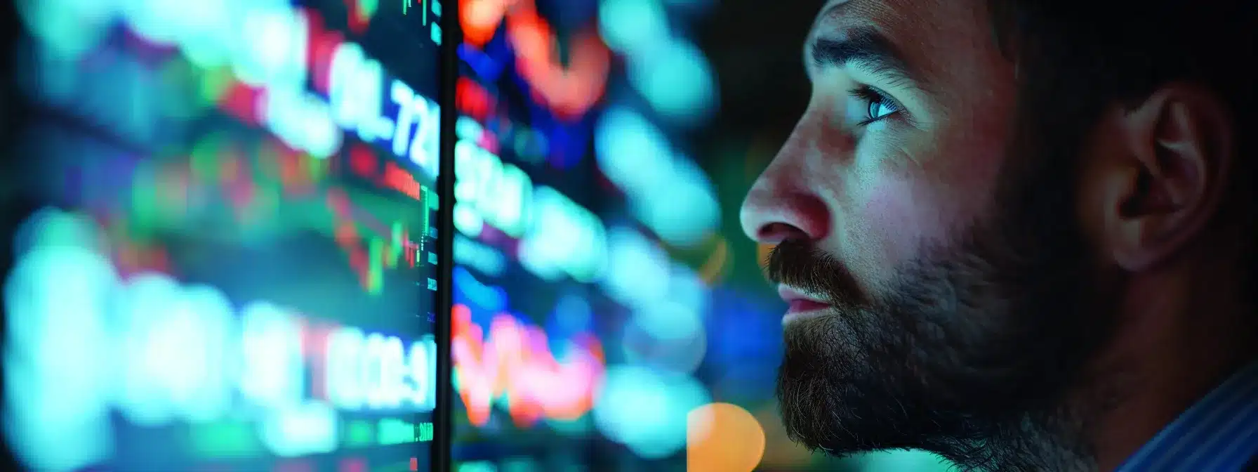 a focused investor gazes intently at a luminous digital screen filled with colorful investment alerts, embodying the clarity and discipline of strategic decision-making in a bustling financial environment.