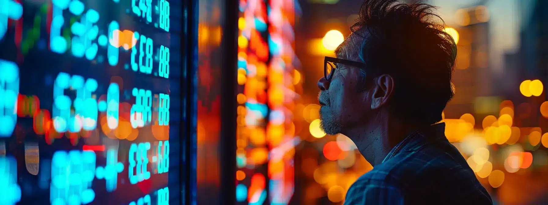 a focused investor gazes intently at a vibrant digital display of fluctuating stock prices in a bustling financial district, illuminated by the warm glow of sunset, symbolizing the importance of timely market alerts. a focused investor gazes intently at a vibrant digital display of fluctuating stock prices in a bustling financial district, illuminated by the warm glow of sunset, symbolizing the importance of timely market alerts.