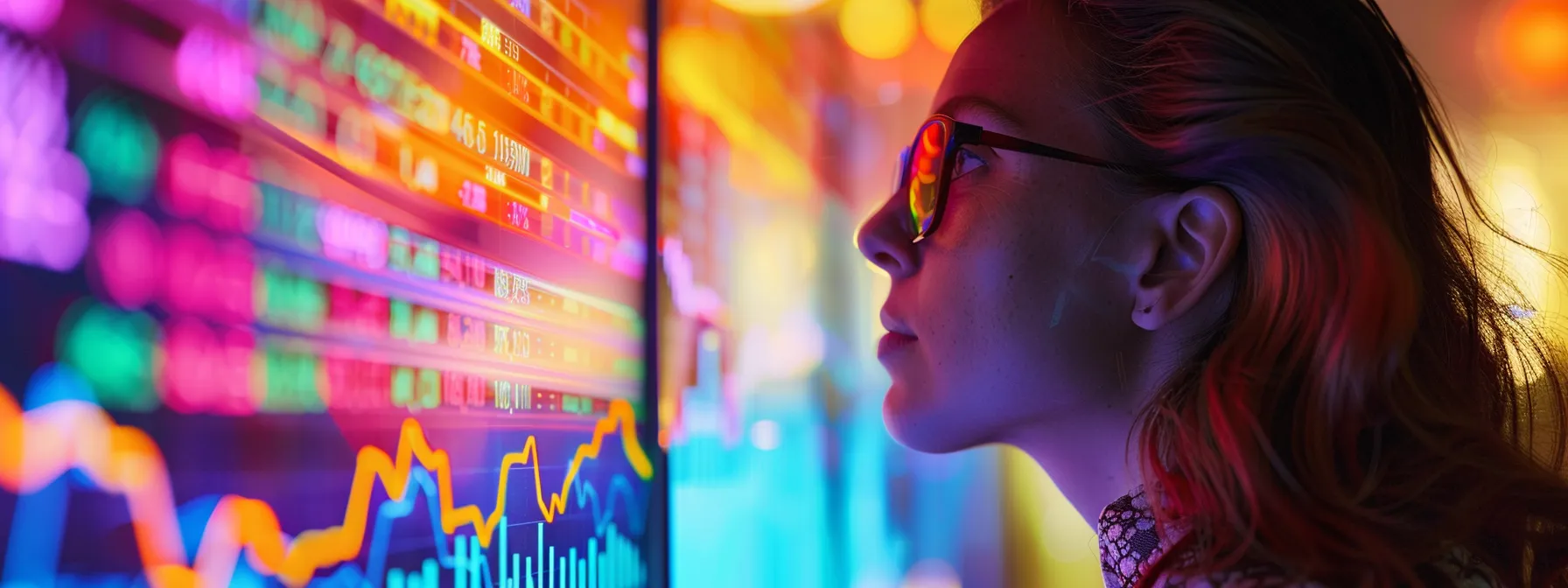 a focused investor studies a vibrant, digital dashboard filled with colorful stock charts and alerts, symbolizing the strategic planning and clarity needed to define investment goals in a modern trading environment.