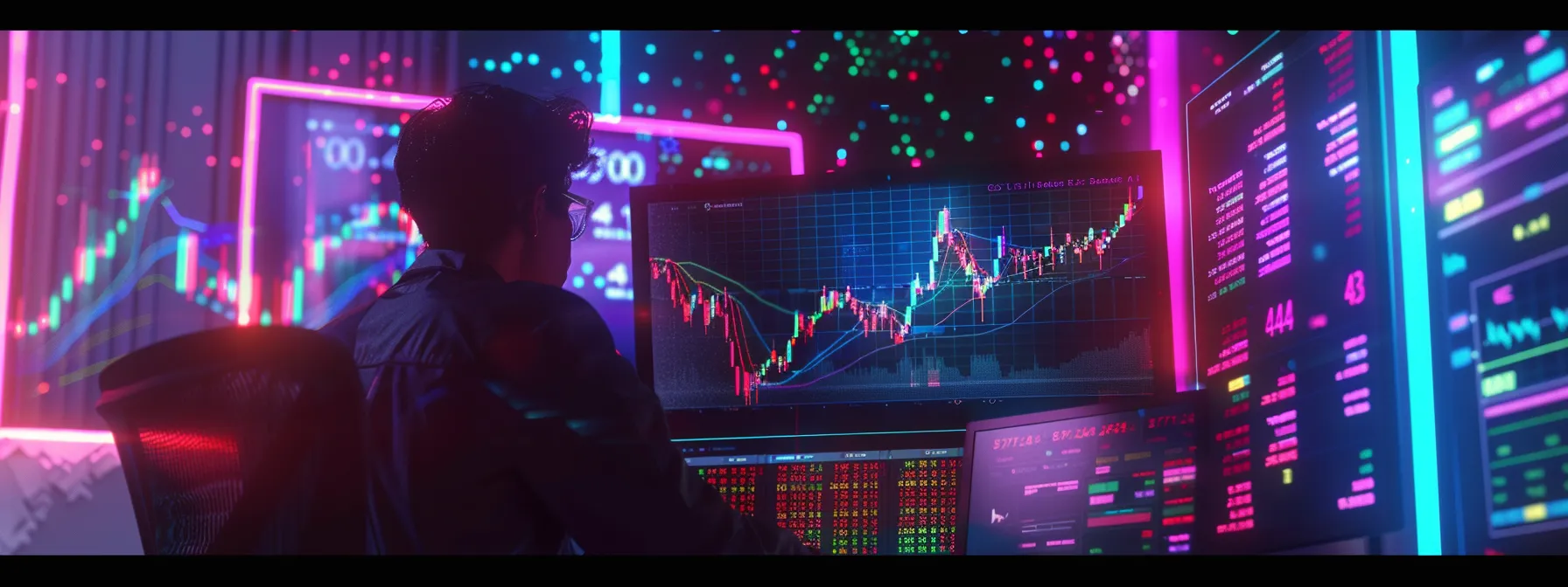 a focused investor studies vibrant stock market graphs on a sleek computer interface, surrounded by dynamic charts and colorful alerts, symbolizing the pursuit of tailored trading strategies and informed decision-making.