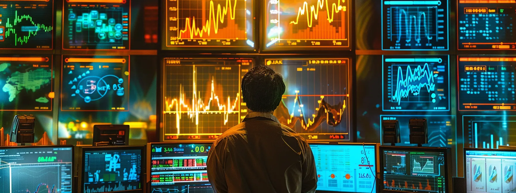 a focused investor surrounded by glowing screens displaying stock graphs and alert notifications, capturing the essence of strategic investment management in a modern workspace.