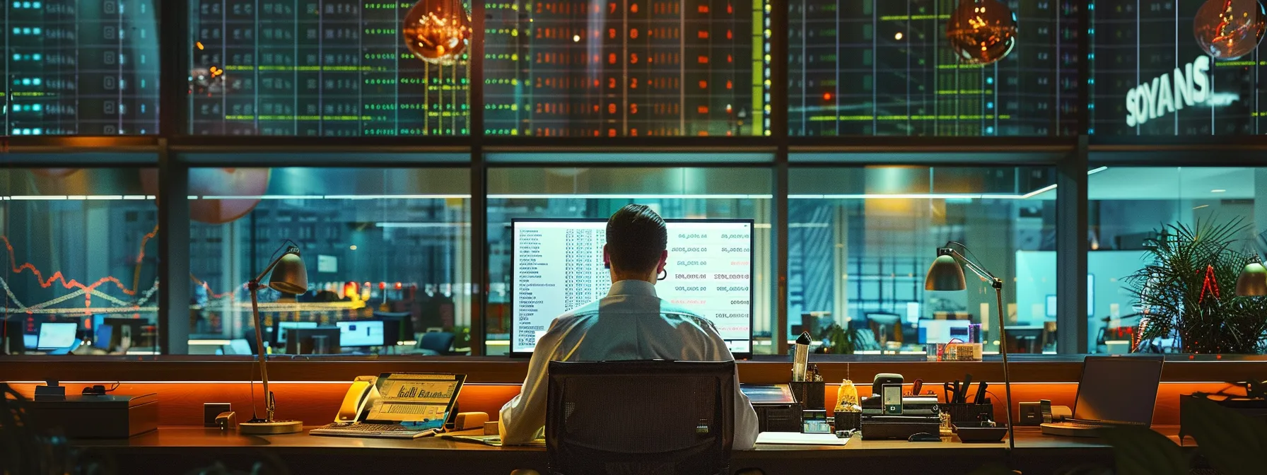 a focused trader analyzes a glowing computer screen displaying email stock alerts, surrounded by visual representations of customer support metrics and educational resources in a modern office setting, illuminated by soft ambient lighting. a focused trader analyzes a glowing computer screen displaying email stock alerts, surrounded by visual representations of customer support metrics and educational resources in a modern office setting, illuminated by soft ambient lighting.