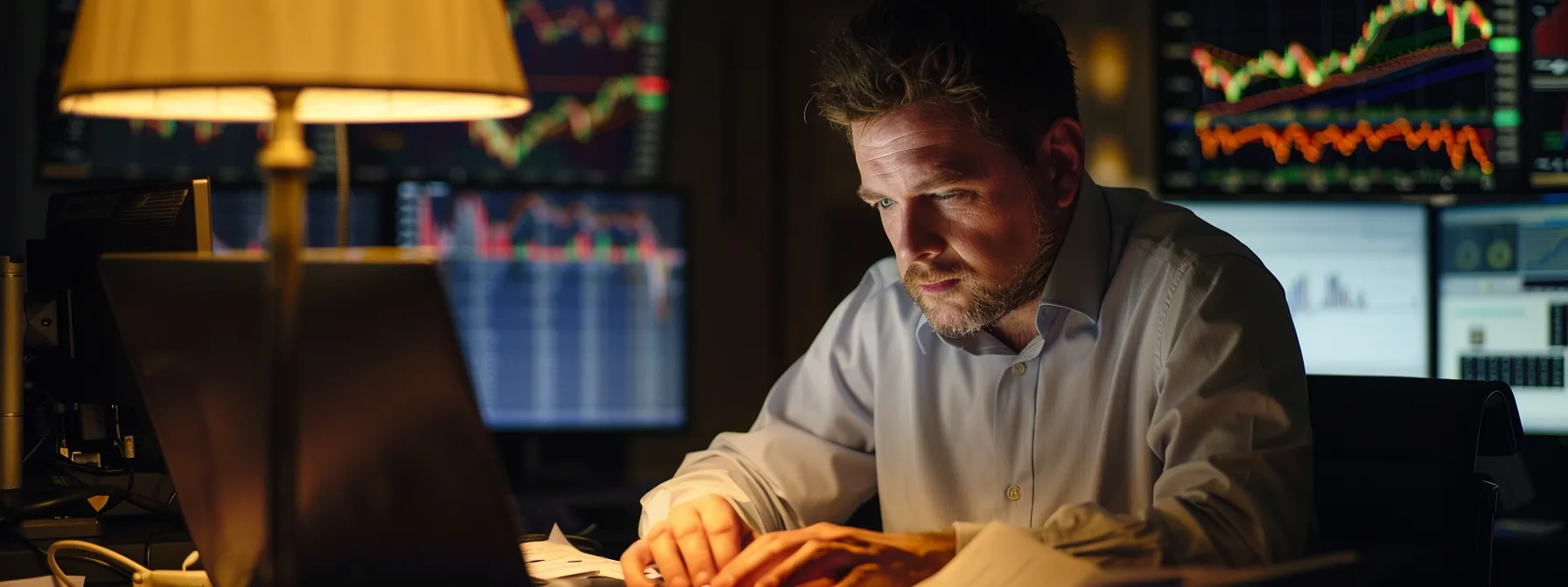 a focused trader analyzes financial data on a sleek laptop, surrounded by vibrant stock charts and regulatory documents, illuminated by the soft glow of a desk lamp, conveying a sense of vigilance and informed decision-making in the fast-paced world of trading.