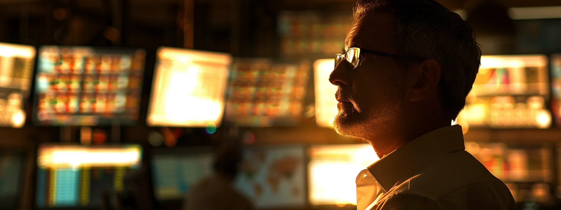 a focused trader, illuminated by a soft glow from multiple screens displaying stock market alerts, navigates the overwhelming wave of data with unwavering determination.