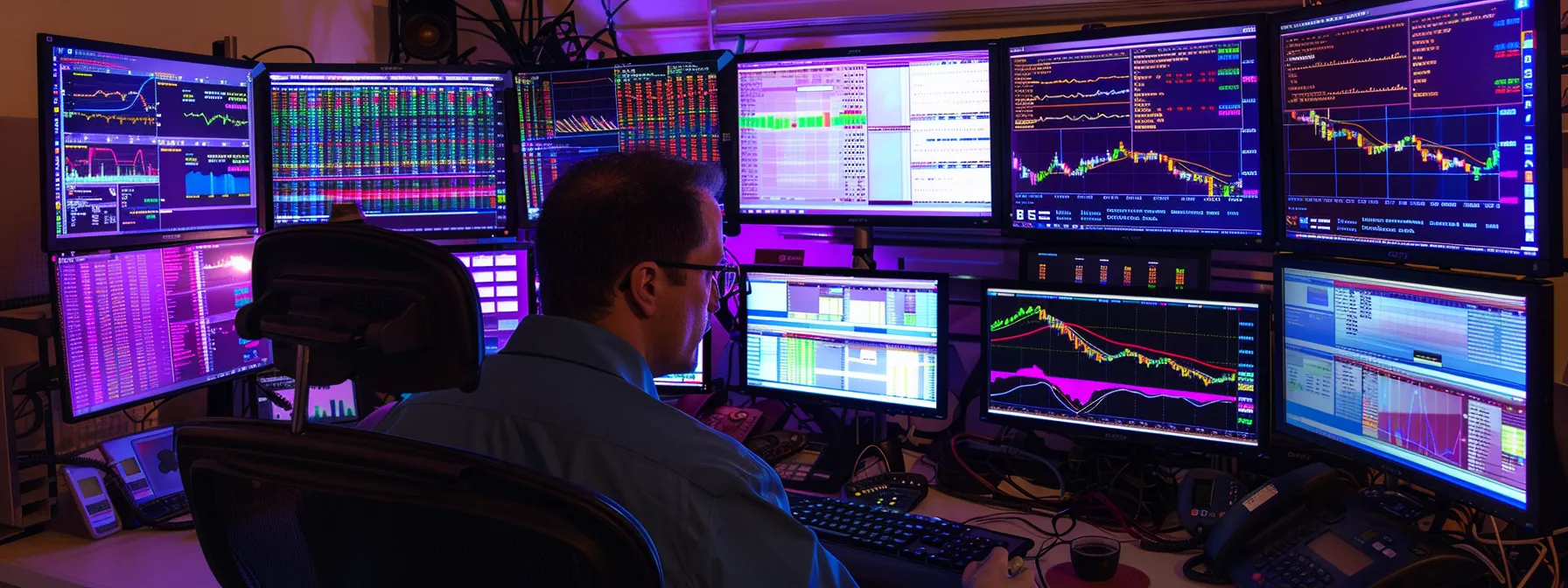 a focused trader intensely analyzes multiple monitors displaying real-time stock market alerts, surrounded by vibrant graphs and charts that highlight the dynamic fluctuations of the market, illuminated by a soft, ambient glow.