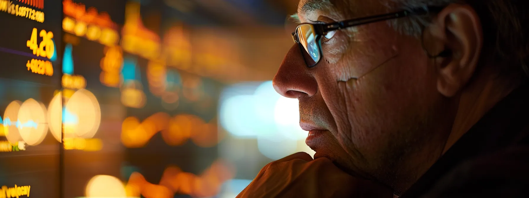 a focused trader intently observes a vibrant stock market dashboard filled with dynamic movement alerts and market analysis tools, illuminated by soft, strategic lighting that highlights the deep concentration in the room. a focused trader intently observes a vibrant stock market dashboard filled with dynamic movement alerts and market analysis tools, illuminated by soft, strategic lighting that highlights the deep concentration in the room.