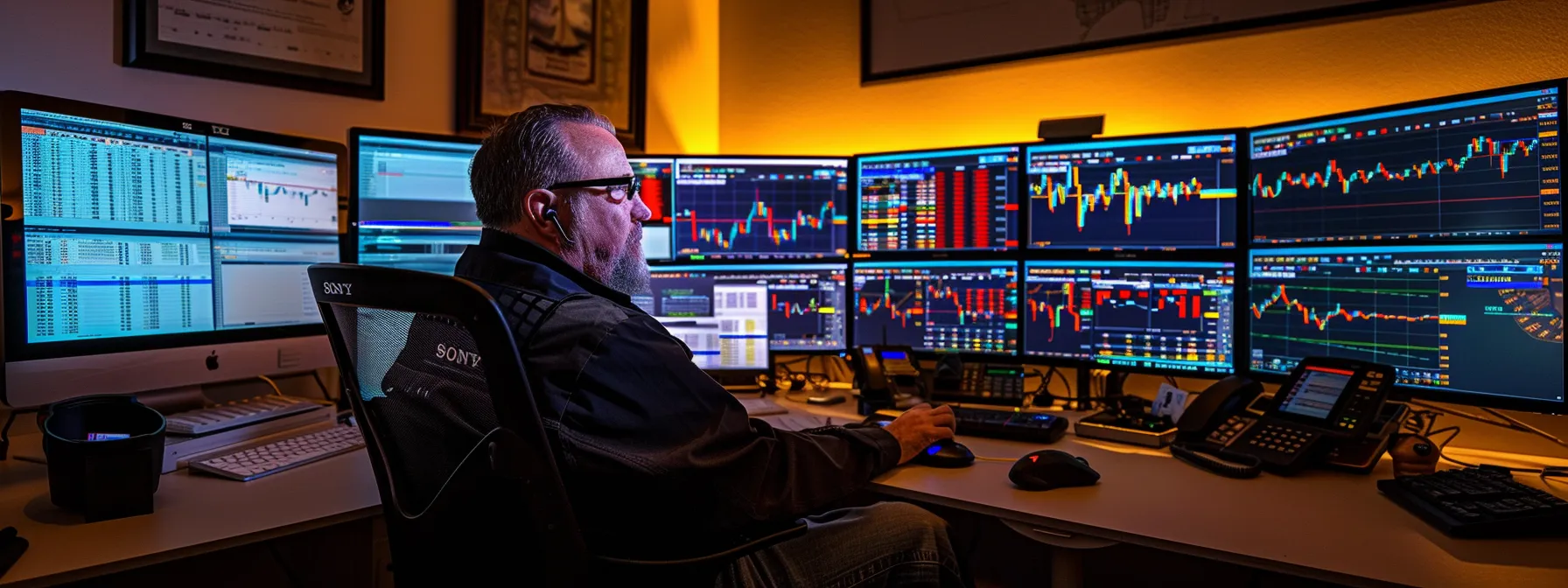 a focused trader sits at a sleek workstation, illuminated by the soft glow of multiple screens displaying dynamic stock charts and alerts, embodying determination and strategic foresight in achieving their investment goals.