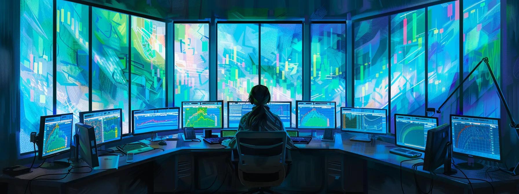 a focused trader sits at a sleek, modern workstation surrounded by glowing screens displaying dynamic stock market graphs, with a split-screen view showcasing both email and text alert notifications illuminating the room in a blend of blue and green hues. a focused trader sits at a sleek, modern workstation surrounded by glowing screens displaying dynamic stock market graphs, with a split-screen view showcasing both email and text alert notifications illuminating the room in a blend of blue and green hues.
