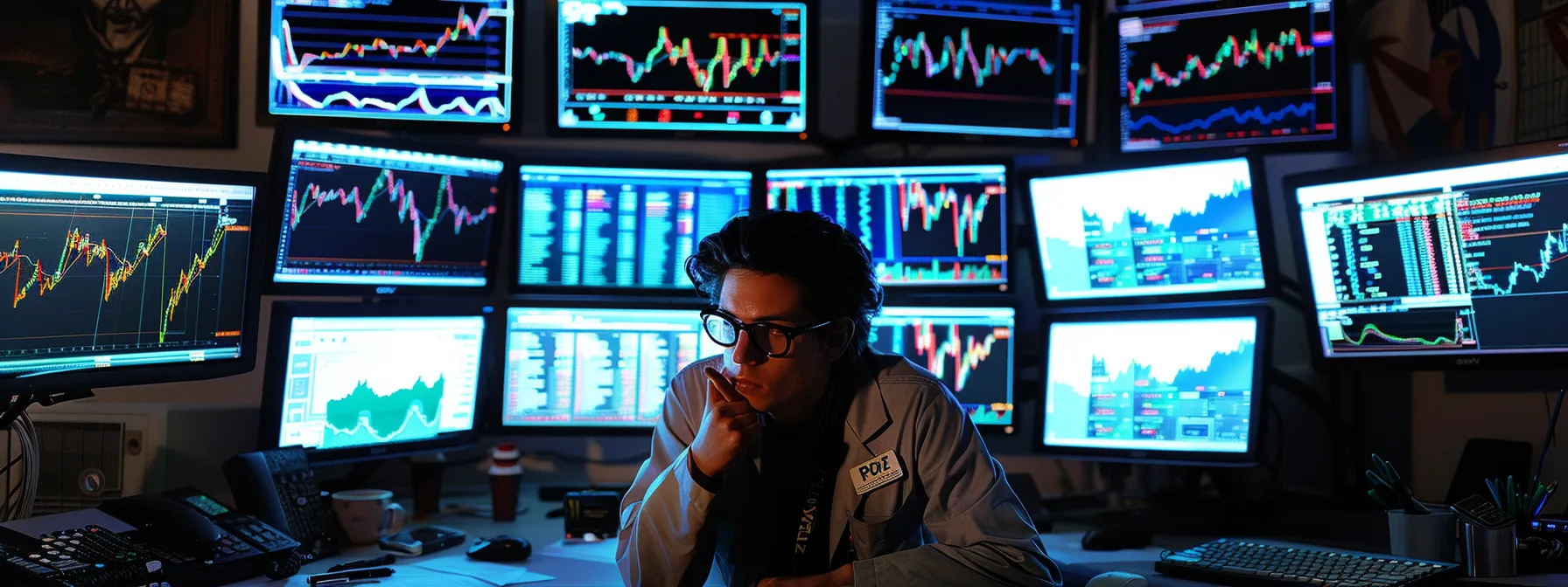 a focused trader sits at a sleek desk, surrounded by multiple screens displaying fluctuating stock charts, embodying the tension between reliance on digital alerts and the necessity for personal analysis amidst a backdrop of market volatility. a focused trader sits at a sleek desk, surrounded by multiple screens displaying fluctuating stock charts, embodying the tension between reliance on digital alerts and the necessity for personal analysis amidst a backdrop of market volatility.