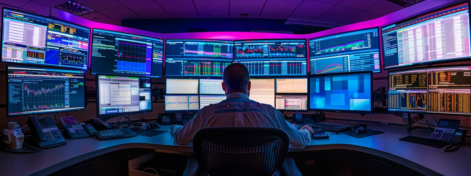 a focused trader sits in front of multiple screens displaying vibrant stock market trends and real-time alerts, illuminated by the soft glow of chart visuals and market news tickers, capturing the essence of strategic decision-making in an energetic trading environment.