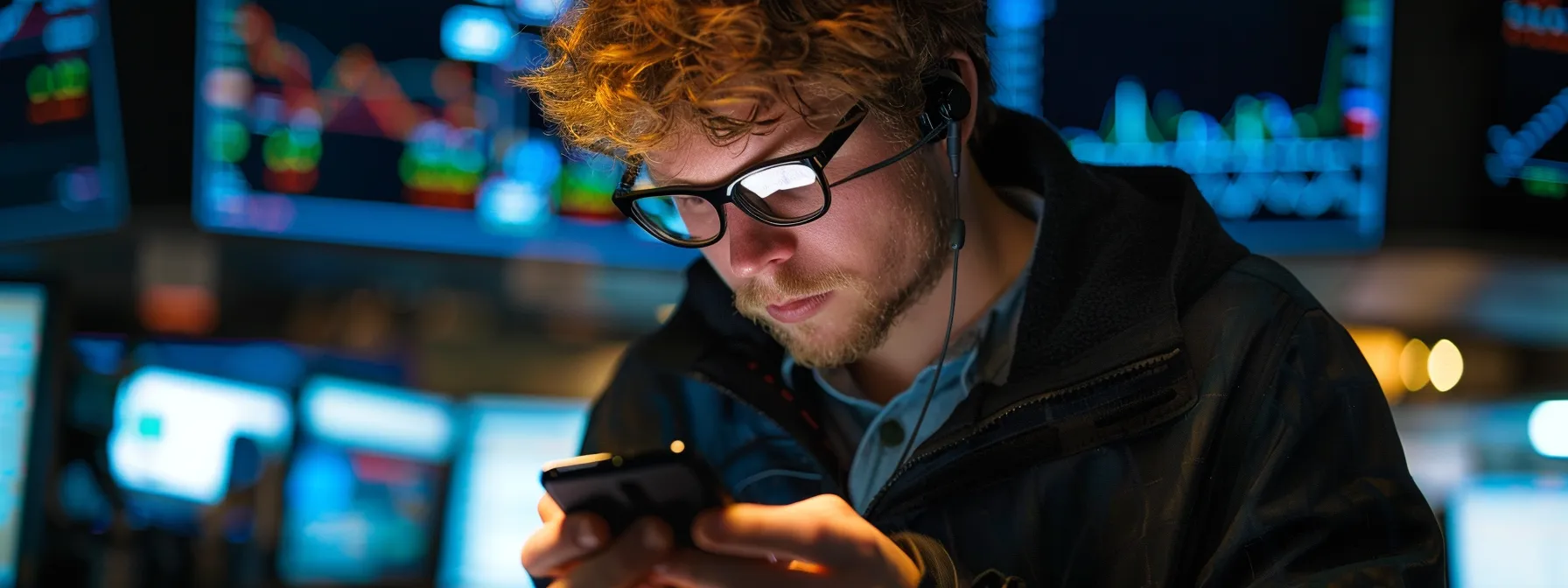 a focused trader studies vivid text alerts on a sleek smartphone, surrounded by dynamic market charts and bright screens, capturing the essence of quick decision-making in a fast-paced trading environment. a focused trader studies vivid text alerts on a sleek smartphone, surrounded by dynamic market charts and bright screens, capturing the essence of quick decision-making in a fast-paced trading environment.