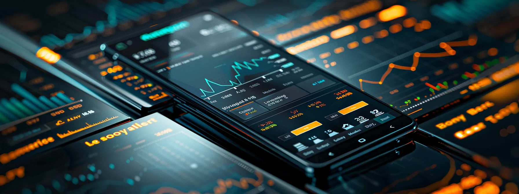 a futuristic digital landscape showcases a sleek smartphone displaying vibrant, personalized stock price alert notifications, illuminated against a backdrop of dynamic market graphs and ai algorithms, symbolizing the fusion of advanced technology and investment strategies.