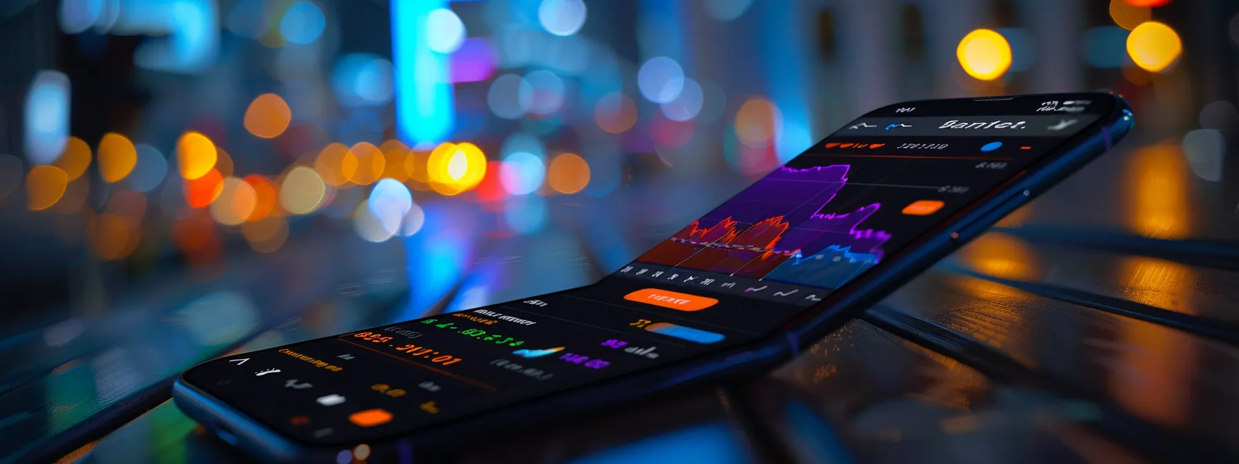 a futuristic mobile application interface displays vibrant, real-time investment alerts, seamlessly integrating artificial intelligence and social trading features against a sleek digital backdrop.