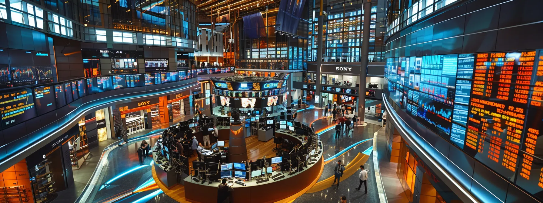 a panoramic view of a bustling stock exchange floor, with vibrant digital screens displaying fluctuating graphs and alerts, highlighting the dynamic world of trading and investment strategy.