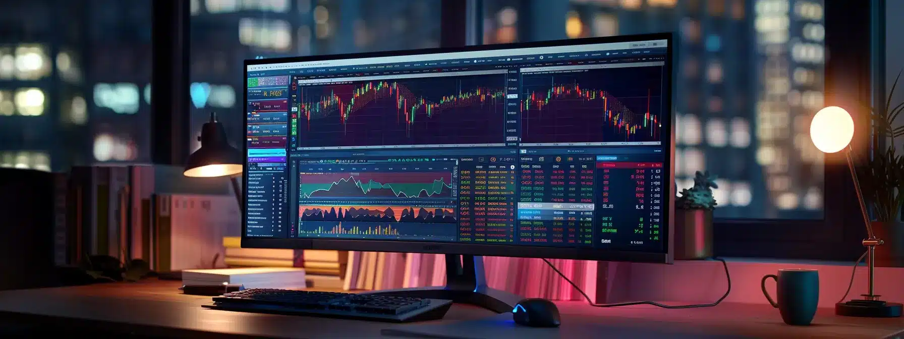 a sleek, modern computer screen displays a vibrant stock market interface filled with dynamic graphs and alert notifications, illuminated by a warm desk lamp that casts a focused glow over the workspace, symbolizing readiness and informed trading decisions. a sleek, modern computer screen displays a vibrant stock market interface filled with dynamic graphs and alert notifications, illuminated by a warm desk lamp that casts a focused glow over the workspace, symbolizing readiness and informed trading decisions.