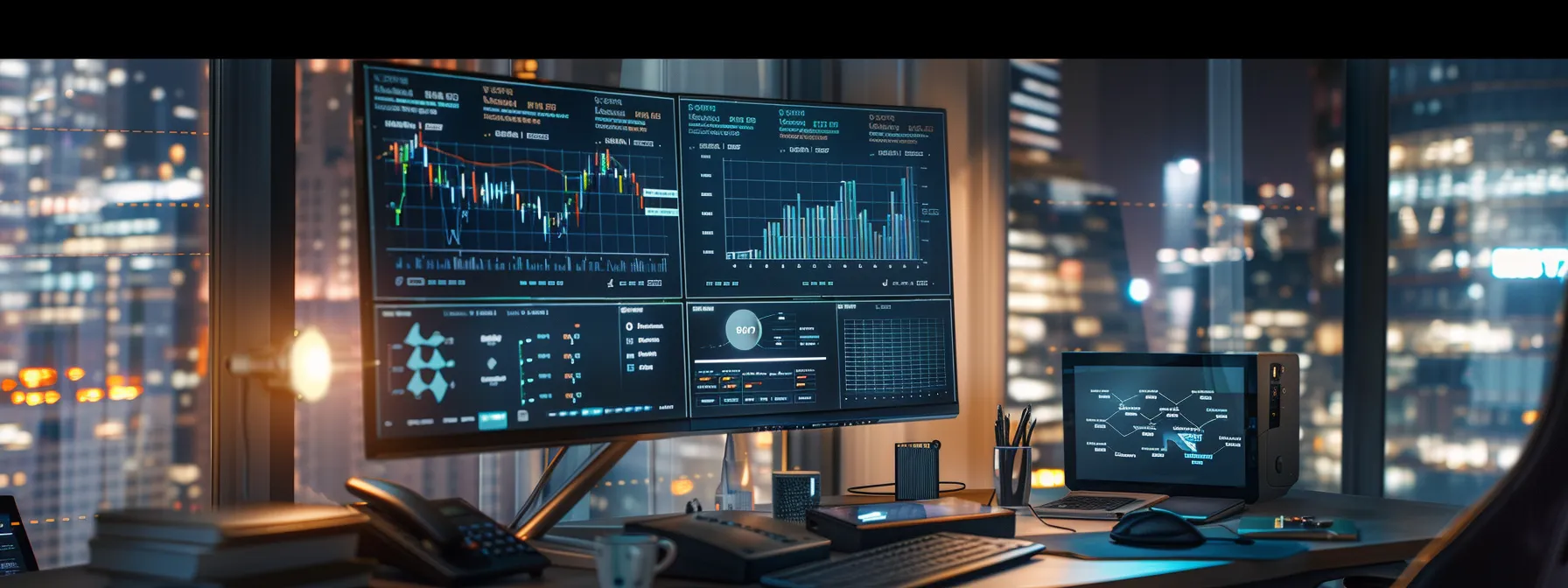 a sleek, modern trading interface glows on a computer screen, displaying vibrant investment alerts and analytical graphs, bathed in soft, ambient light that emphasizes the technological sophistication of financial decision-making. a sleek, modern trading interface glows on a computer screen, displaying vibrant investment alerts and analytical graphs, bathed in soft, ambient light that emphasizes the technological sophistication of financial decision-making.